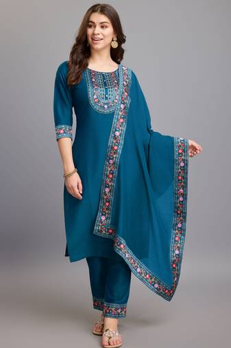 Mojilaa women's teal chinon silk gota patti floral print kurta with pant & dupatta