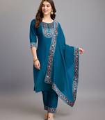Mojilaa women's teal chinon silk gota patti floral print kurta with pant & dupatta