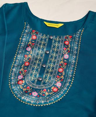 Mojilaa women's teal chinon silk gota patti floral print kurta with pant & dupatta 3
