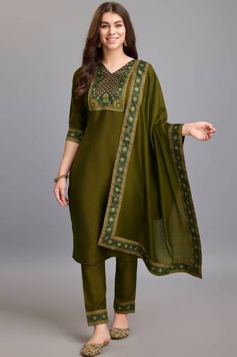  olive green chinon silk gota patti floral print kurta with pant & dupatta