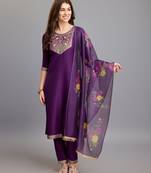  purple chinon silk floral jacquard kurta with pant & dupatta