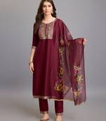  maroon chinon silk geometric jacquard kurta with pant & dupatta
