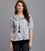  black pure cotton blend abstract bored schiffli embroidered drop waist top
