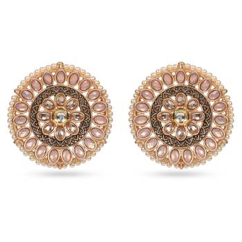 Gold tone kundan & pink stone round stud earrings 1