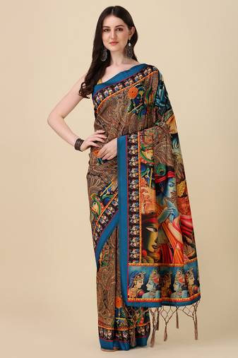 Digital Print Assami Silk Blend Saree With Jequared Unstitched Blouse And Beautiful Multicoloured Thred Work At Pallu