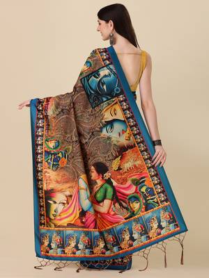 Digital Print Assami Silk Blend Saree With Jequared Unstitched Blouse And Beautiful Multicoloured Thred Work At Pallu 4