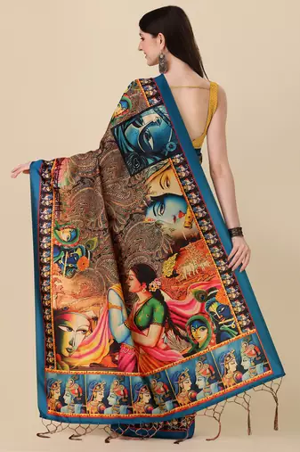 Digital Print Assami Silk Blend Saree With Jequared Unstitched Blouse And Beautiful Multicoloured Thred Work At Pallu