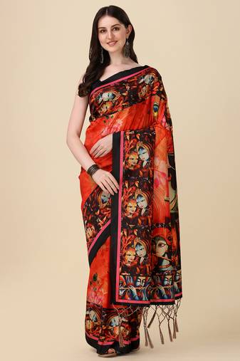 Digital Print Assami Silk Blend Saree With Jequared Unstitched Blouse And Beautiful Multicoloured Thred Work At Pallu