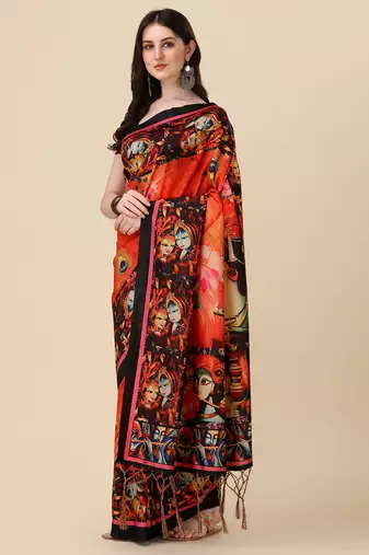 Digital Print Assami Silk Blend Saree With Jequared Unstitched Blouse And Beautiful Multicoloured Thred Work At Pallu