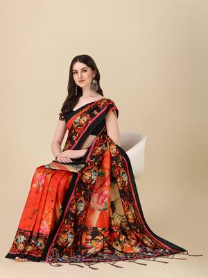 Digital Print Assami Silk Blend Saree With Jequared Unstitched Blouse And Beautiful Multicoloured Thred Work At Pallu 3