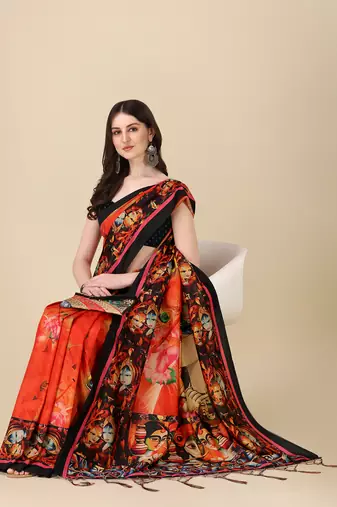Digital Print Assami Silk Blend Saree With Jequared Unstitched Blouse And Beautiful Multicoloured Thred Work At Pallu