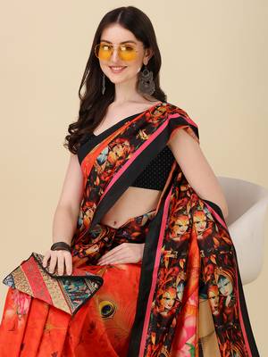 Digital Print Assami Silk Blend Saree With Jequared Unstitched Blouse And Beautiful Multicoloured Thred Work At Pallu 4