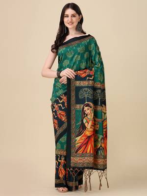 Digital Print Assami Silk Blend Saree With Jequared Unstitched Blouse And Beautiful Multicoloured Thred Work At Pallu 1