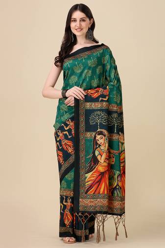 Digital Print Assami Silk Blend Saree With Jequared Unstitched Blouse And Beautiful Multicoloured Thred Work At Pallu
