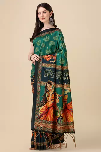 Digital Print Assami Silk Blend Saree With Jequared Unstitched Blouse And Beautiful Multicoloured Thred Work At Pallu