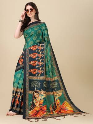 Digital Print Assami Silk Blend Saree With Jequared Unstitched Blouse And Beautiful Multicoloured Thred Work At Pallu 3