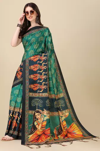 Digital Print Assami Silk Blend Saree With Jequared Unstitched Blouse And Beautiful Multicoloured Thred Work At Pallu