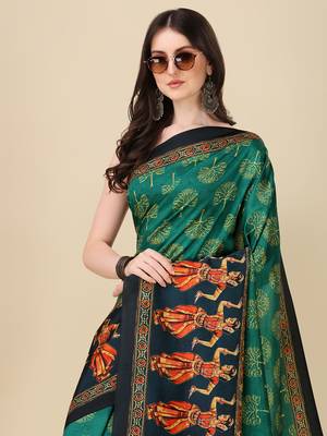Digital Print Assami Silk Blend Saree With Jequared Unstitched Blouse And Beautiful Multicoloured Thred Work At Pallu 4