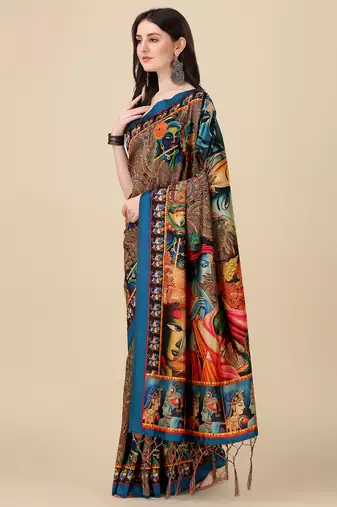 Digital Print Assami Silk Blend Saree With Jequared Unstitched Blouse And Beautiful Multicoloured Thred Work At Pallu