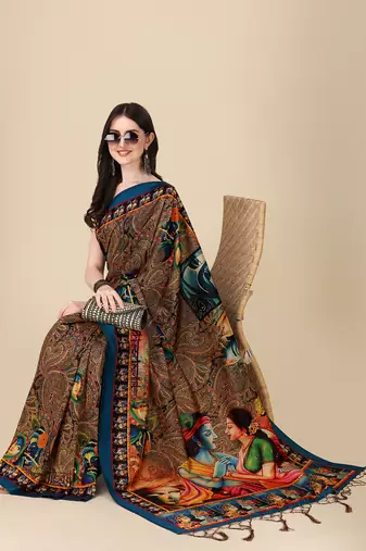 Digital Print Assami Silk Blend Saree With Jequared Unstitched Blouse And Beautiful Multicoloured Thred Work At Pallu