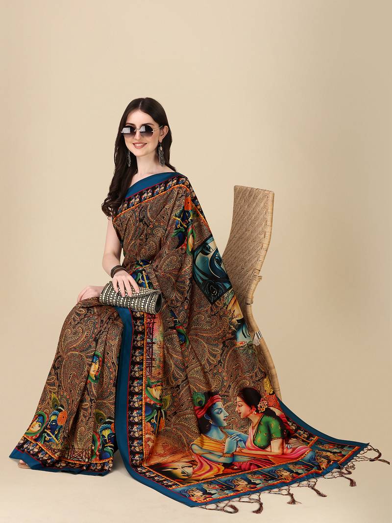 Digital Print Assami Silk Blend Saree With Jequared Unstitched Blouse And Beautiful Multicoloured Thred Work At Pallu