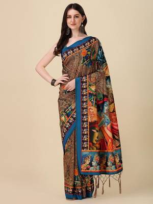 Digital Print Assami Silk Blend Saree With Jequared Unstitched Blouse And Beautiful Multicoloured Thred Work At Pallu 4