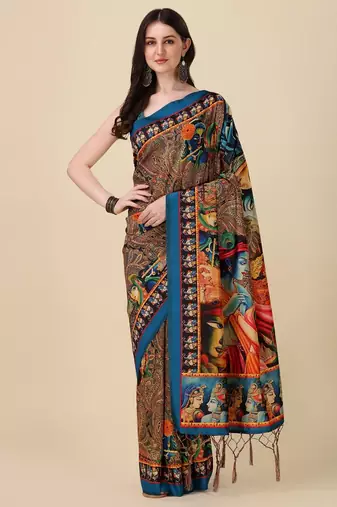 Digital Print Assami Silk Blend Saree With Jequared Unstitched Blouse And Beautiful Multicoloured Thred Work At Pallu