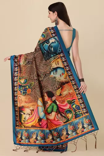 Digital Print Assami Silk Blend Saree With Jequared Unstitched Blouse And Beautiful Multicoloured Thred Work At Pallu