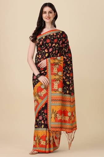 Digital Print Assami Silk Blend Saree With Jequared Unstitched Blouse And Beautiful Multicoloured Thred Work At Pallu