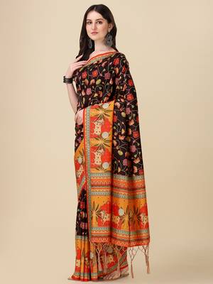 Digital Print Assami Silk Blend Saree With Jequared Unstitched Blouse And Beautiful Multicoloured Thred Work At Pallu 2