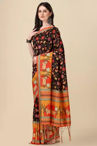 Digital Print Assami Silk Blend Saree With Jequared Unstitched Blouse And Beautiful Multicoloured Thred Work At Pallu
