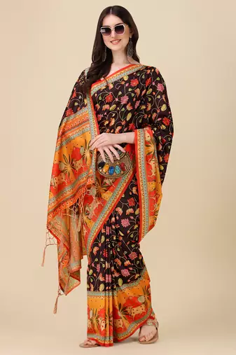 Digital Print Assami Silk Blend Saree With Jequared Unstitched Blouse And Beautiful Multicoloured Thred Work At Pallu