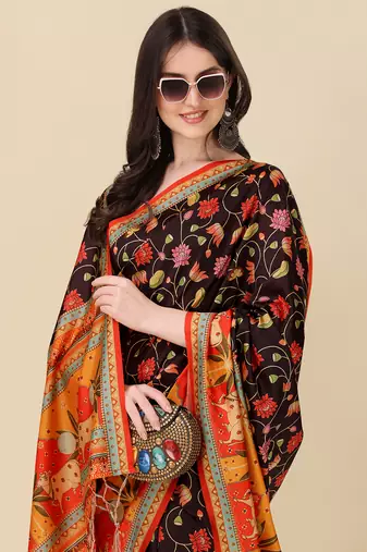 Digital Print Assami Silk Blend Saree With Jequared Unstitched Blouse And Beautiful Multicoloured Thred Work At Pallu