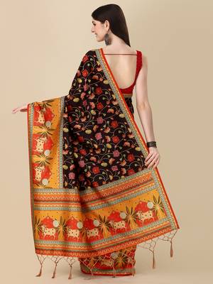 Digital Print Assami Silk Blend Saree With Jequared Unstitched Blouse And Beautiful Multicoloured Thred Work At Pallu 5