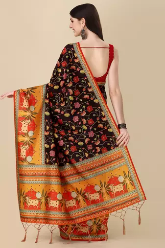 Digital Print Assami Silk Blend Saree With Jequared Unstitched Blouse And Beautiful Multicoloured Thred Work At Pallu