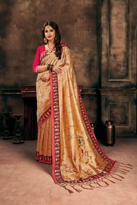 Digital Print Assami Silk Blend Saree With Print Unstitched Blouse And Beautiful Multicoloured Thred Work At Pallu 1