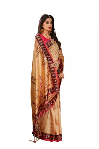 Digital Print Assami Silk Blend Saree With Print Unstitched Blouse And Beautiful Multicoloured Thred Work At Pallu