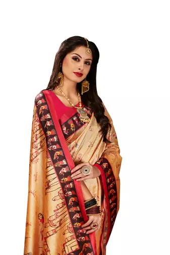 Digital Print Assami Silk Blend Saree With Print Unstitched Blouse And Beautiful Multicoloured Thred Work At Pallu