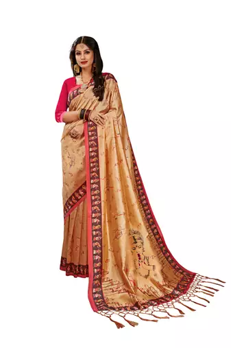Digital Print Assami Silk Blend Saree With Print Unstitched Blouse And Beautiful Multicoloured Thred Work At Pallu