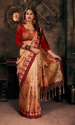 Digital Print Assami Silk Blend Saree With Print Unstitched Blouse And Beautiful Multicoloured Thred Work At Pallu 1