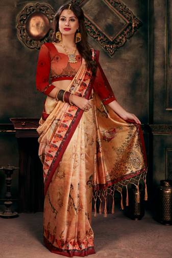 Digital Print Assami Silk Blend Saree With Print Unstitched Blouse And Beautiful Multicoloured Thred Work At Pallu