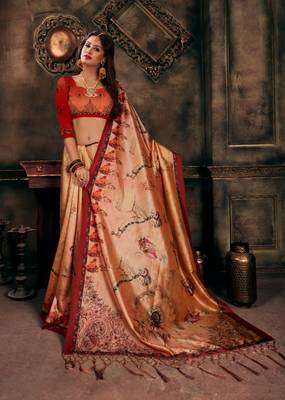 Digital Print Assami Silk Blend Saree With Print Unstitched Blouse And Beautiful Multicoloured Thred Work At Pallu 2