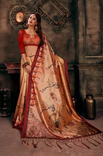 Digital Print Assami Silk Blend Saree With Print Unstitched Blouse And Beautiful Multicoloured Thred Work At Pallu