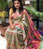 Digital print assami silk saree with jequared unstitched blouse and beautiful multicoloured thred work at pallu