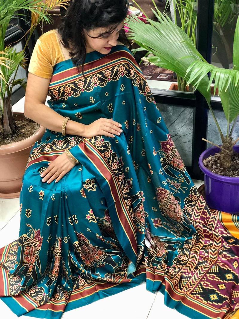 Digital print assami silk saree with jequared unstitched blouse and beautiful multicoloured thred work at pallu