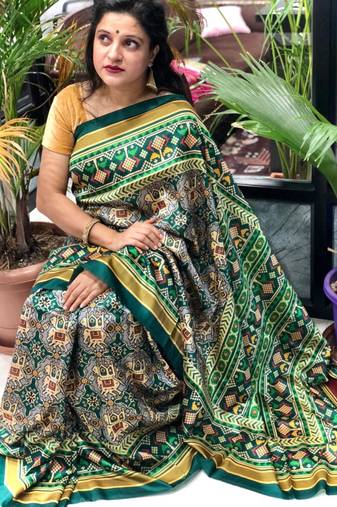 Digital print assami silk saree with jequared unstitched blouse and beautiful multicoloured thred work at pallu
