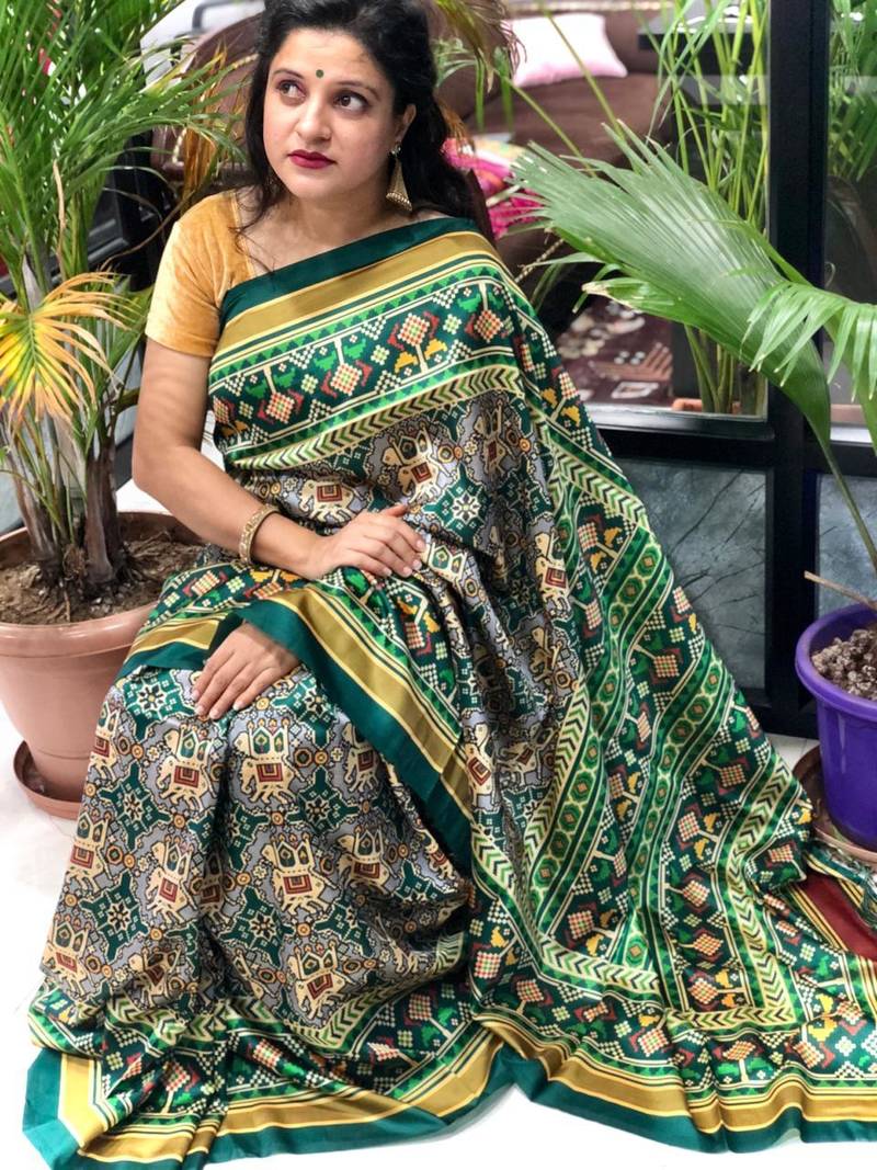 Digital print assami silk saree with jequared unstitched blouse and beautiful multicoloured thred work at pallu