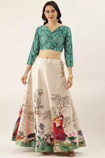 Ethnic Motifs Digital Print Shiney Satin Croptop Lehenga Choli With Unstitched Blouse For Women and Girls