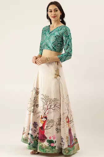 Ethnic Motifs Digital Print Shiney Satin Croptop Lehenga Choli With Unstitched Blouse For Women and Girls