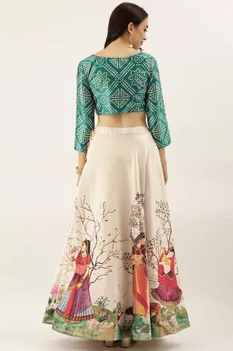 Ethnic Motifs Digital Print Shiney Satin Croptop Lehenga Choli With Unstitched Blouse For Women and Girls